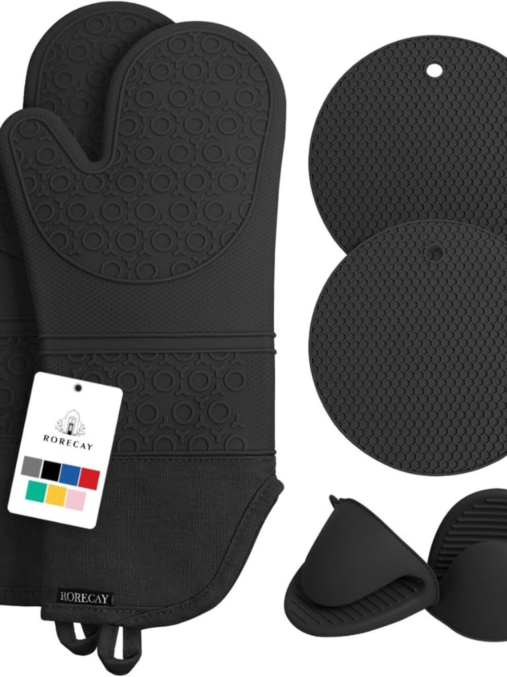 Silicone Oven Mitts and Pot Holders Sets, Gloves for Kitchen, Black